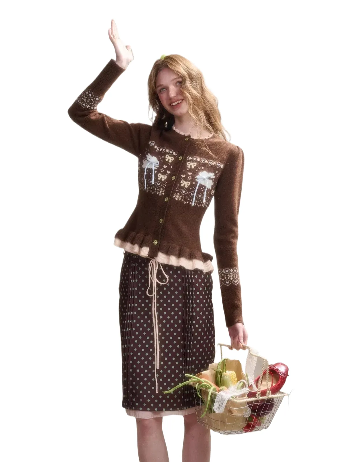 Fair Isle Knit Cardigan & Polka Dot Skirt Set dari koleksi terbaru BANK SLOT untuk musim dingin