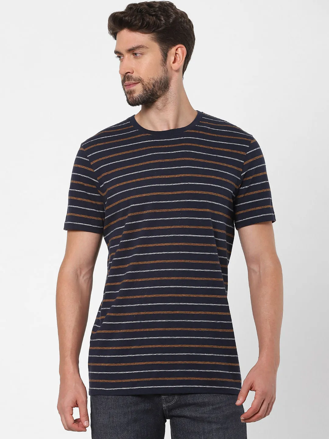 Kaos pria garis biru organic cotton crew neck SIARAN99