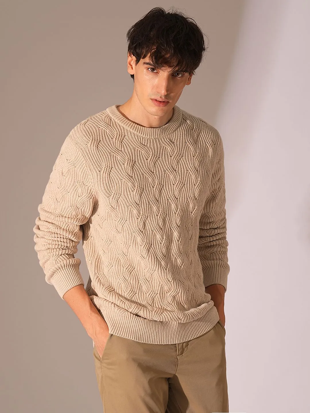 BOY138 Beige Cable Knit Pullover rajut pria warna krem