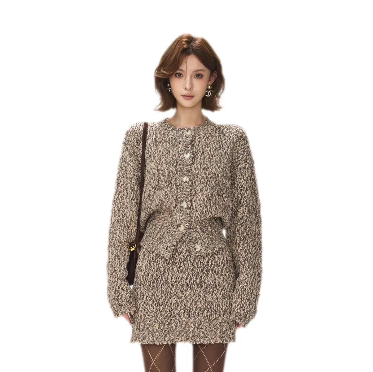 OKEBOS138 Chunky Knit Cardigan Skirt Set warna marled brown tampak depan