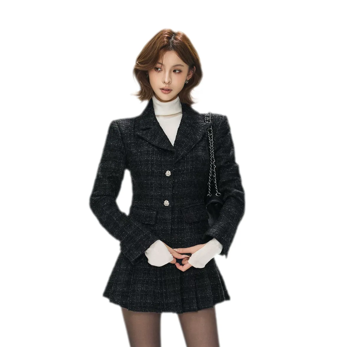 GELIGA69 Tweed Jacket Pleated Skirt Set warna dark gray gaya retro