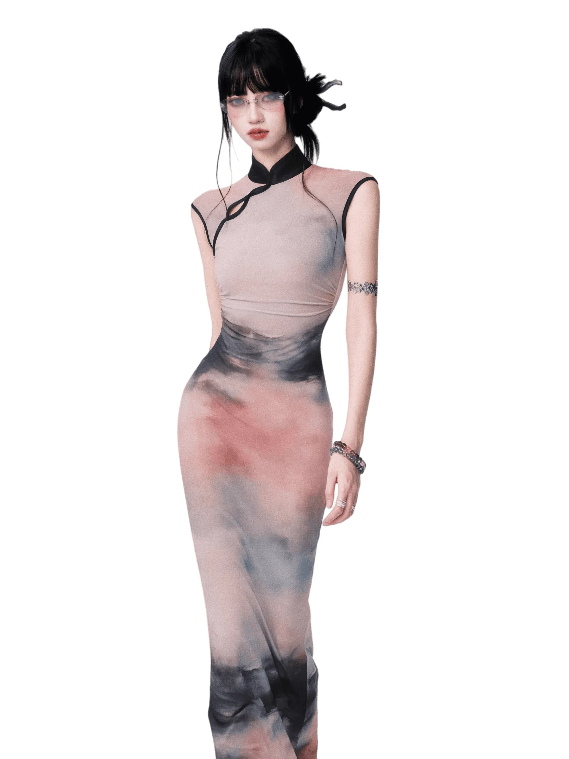 HIAM138 Stretch Mesh Cheongsam Maxi Dress Pink Gaya Oriental Modern