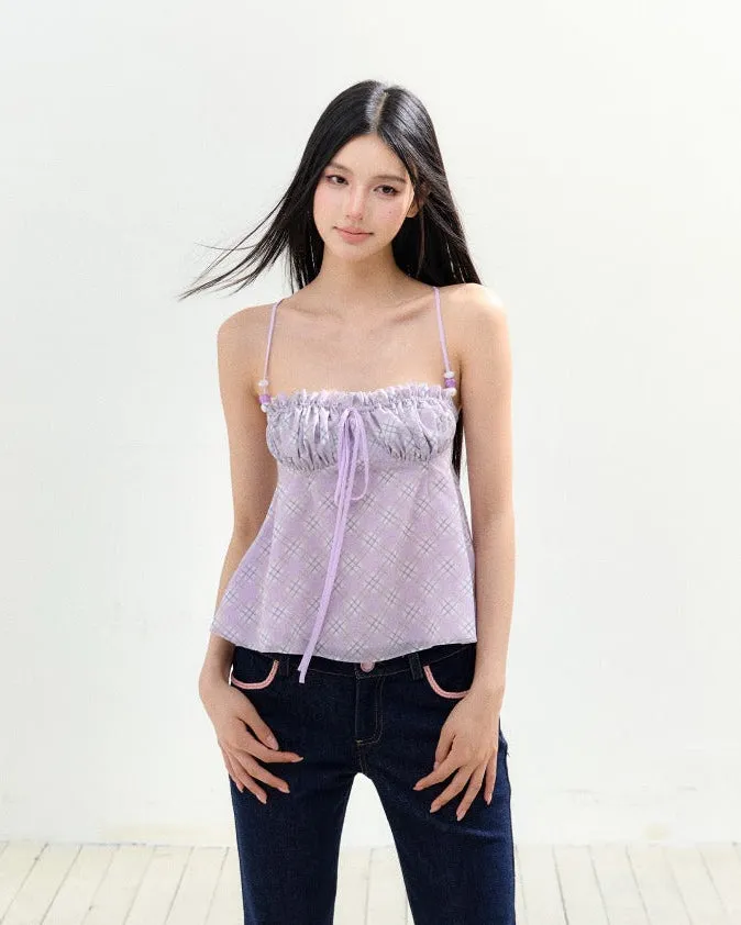 HOKIMAS Beaded Bow Cami Blouse warna ungu pastel dengan detail pita dan mutiara