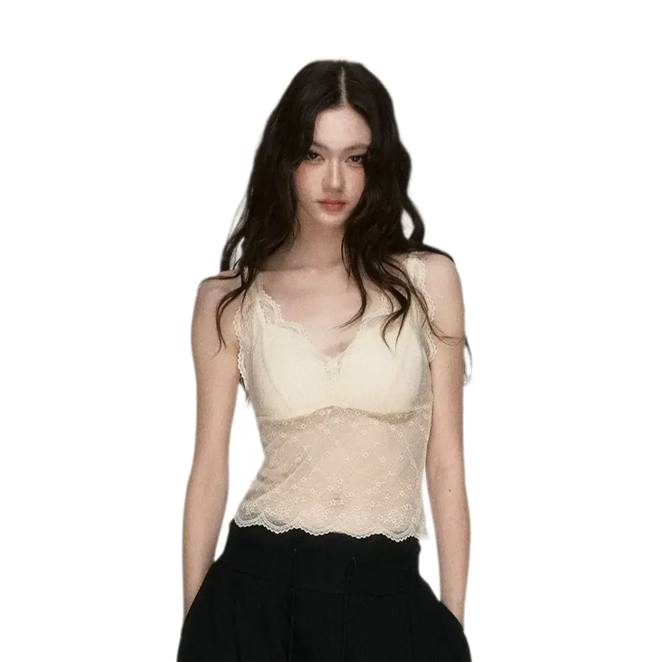 KONOHA69 Elastic Lace Trim Camisole off-white dengan bahan nilon lembut