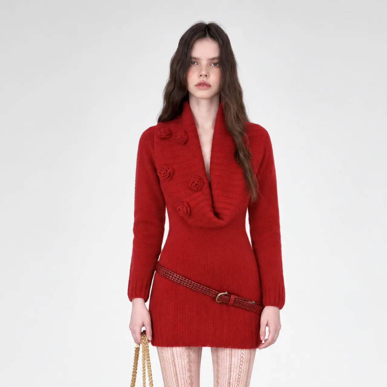 MCDTOTO Chunky Knit Cowl Neck Dress warna merah vintage elegan