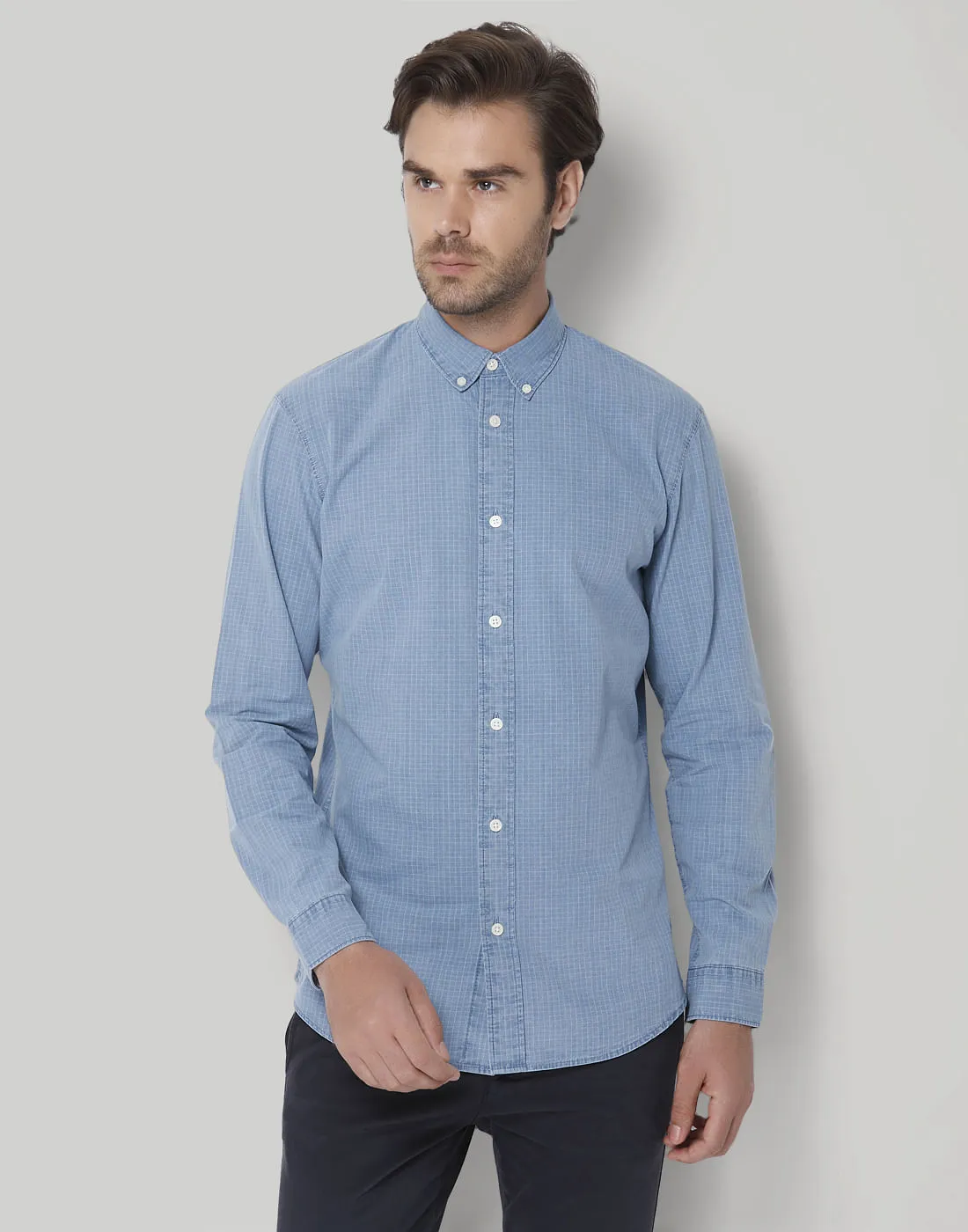 Blue Check Full Sleeves Shirt kasual pria dari TONGTOTO