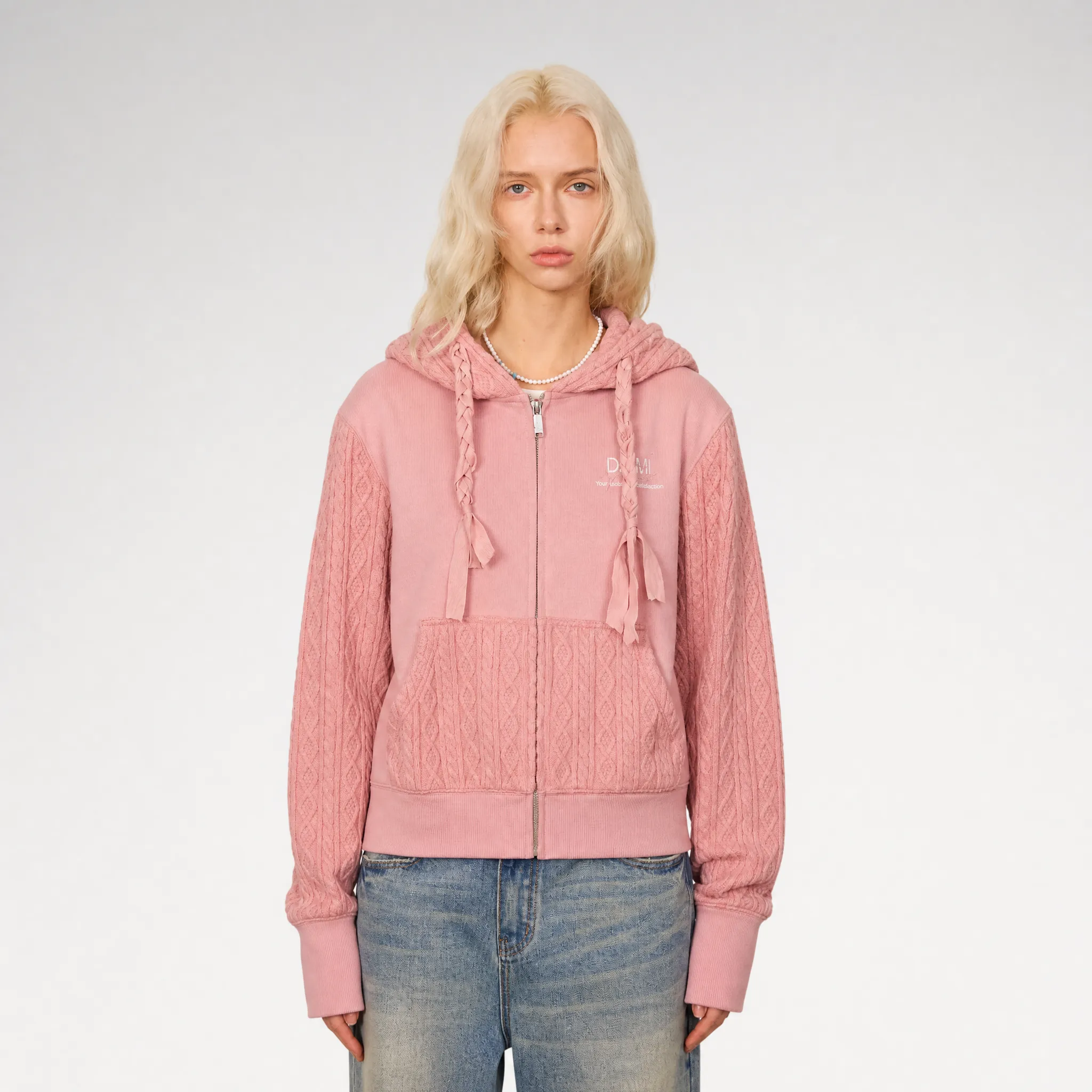 TONGTOTO Cable-Knit Cropped Zip Hoodie streetwear stylish untuk fashion harian