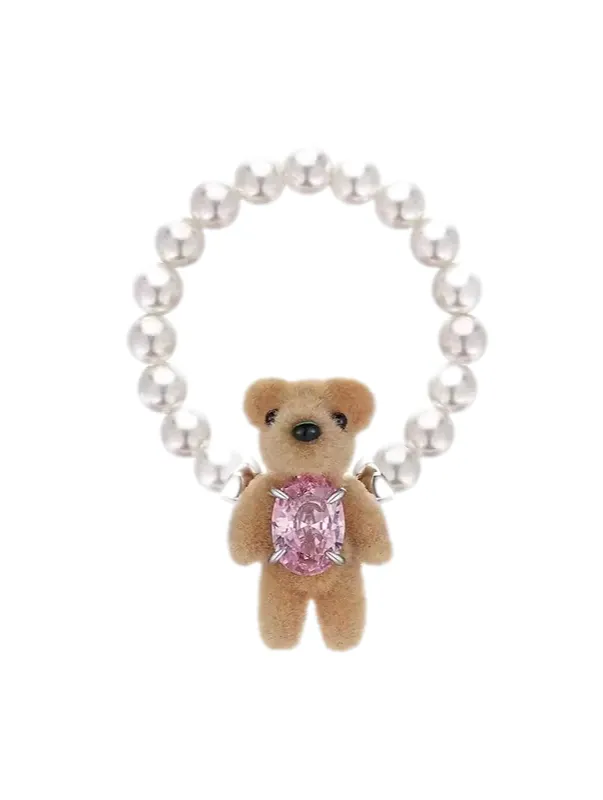 SIARAN99 Velvet Mini Bear Pearl Ring dengan detail beruang rajut dan mutiara elegan