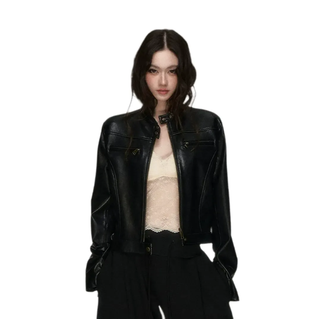 Vintage Stand-Collar Leather Jacket hitam dari MAINSLOT369