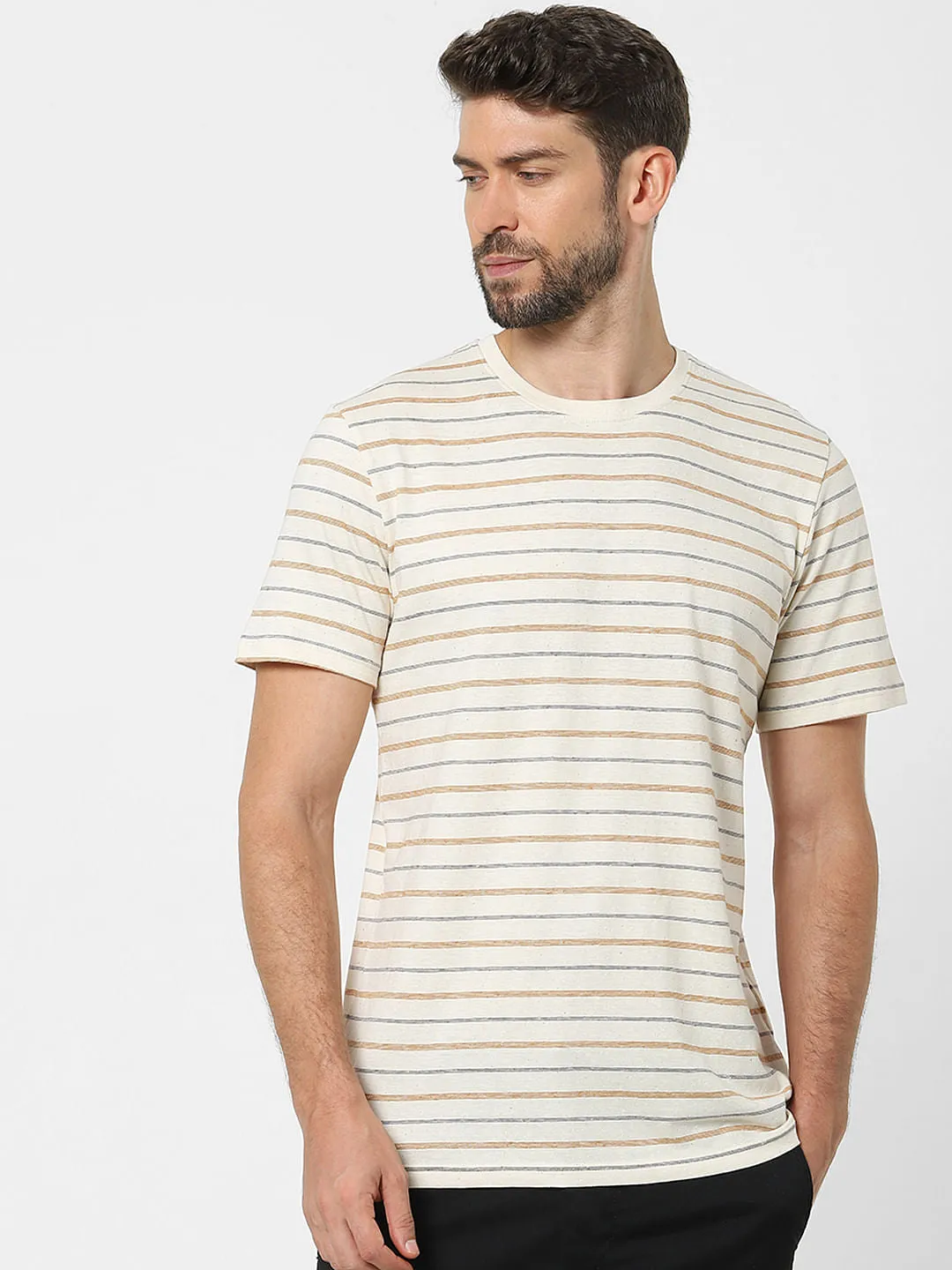 VIP SLOT ONLINE Off White Striped Organic Cotton Crew Neck T-Shirt pria