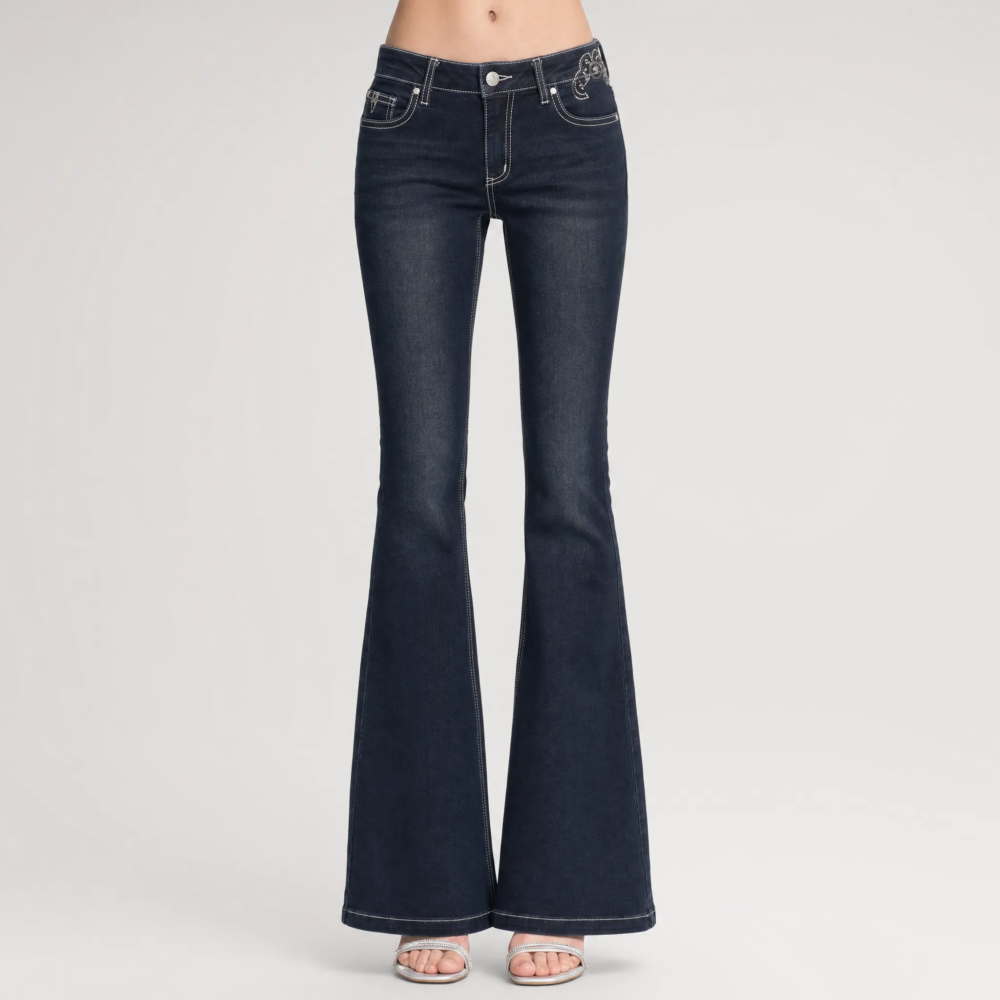 Waterwash Rhinestone Flare Jeans celana denim biru gelap modis dari INATOGEL
