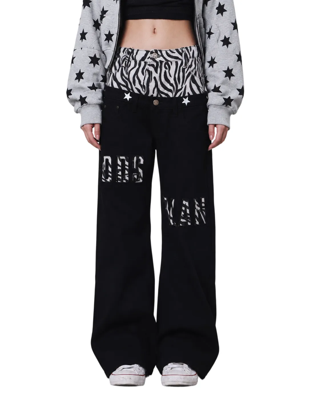 SERVER SLOT Zebra Panel Flared Jeans streetwear denim gaya kasual terkini